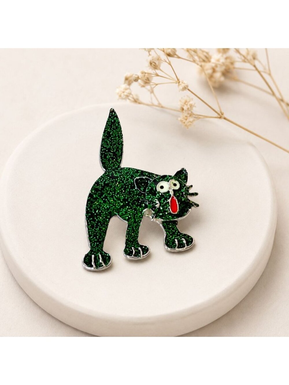 Halloween Green Glitter Cat Brooch Vtg 80s Funny Cartoon Kitty Spooky Pin Jewelr